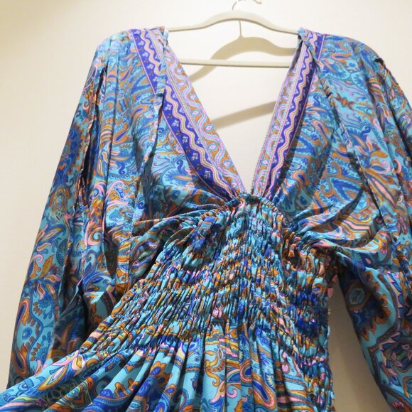 ADDICTIVE Silk Blend V Neck Smocked Paisley Boho Maxi Dress Balloon Sleeve - Picture 10 of 15